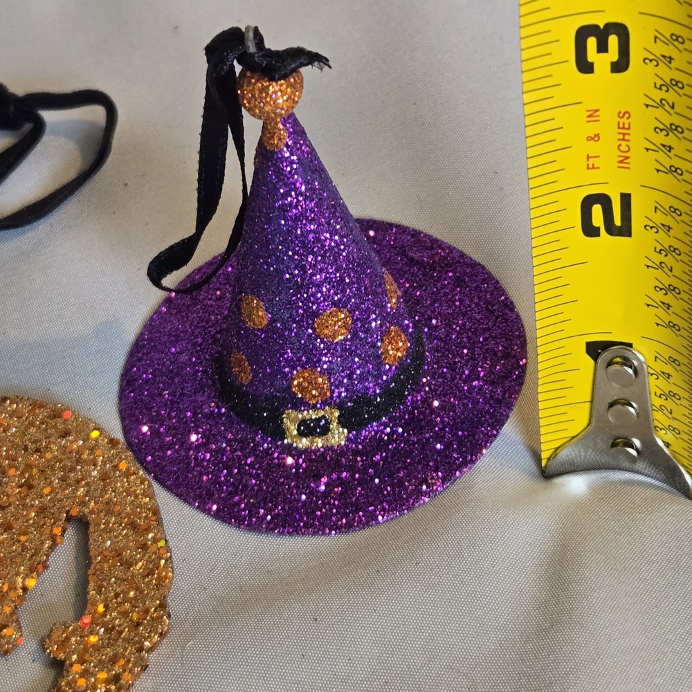 Halloween Glitter Ornament Lot Witch Boot Hat Jack O Lantern Spider Set of 3 - Picture 3 of 8